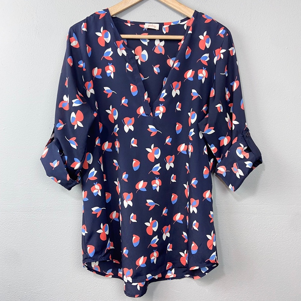 Pixley Navy Blue Floral Print Roll Tab Sleeve V‎ Neck Blouse Top Sz L Twee Retro